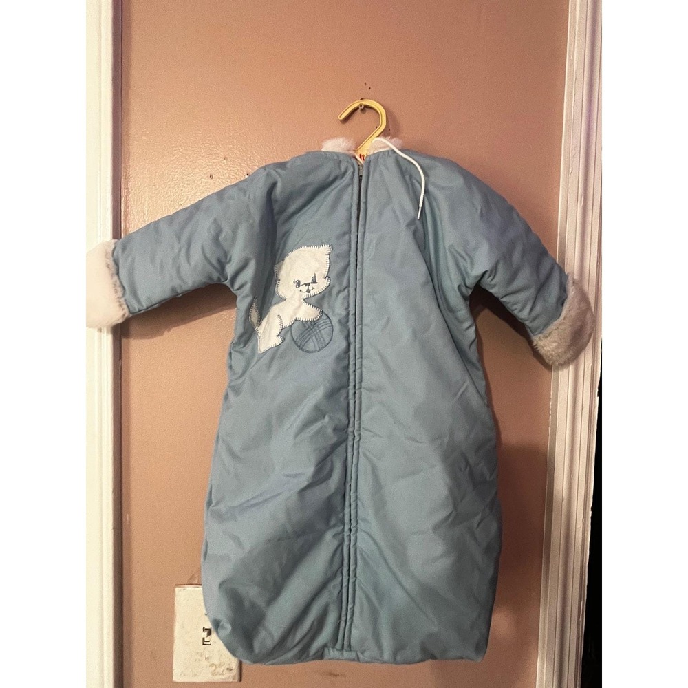 Vintage 70s Quiltex Baby Bunting Snowsuit Blue Faux Fur Hood Cat Applique 5307